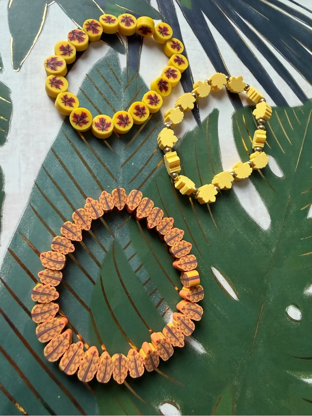 Fall Maple Leaf Stretch Bracelet Set of 3 Autumn Yellow Orange